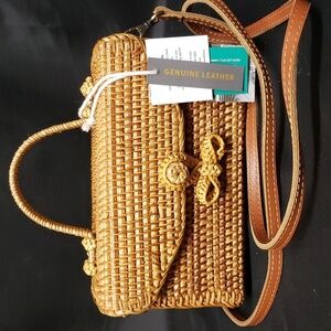 Made by Hand in Vietnam Woven Rectangle Purse with Handle/Leather Strap